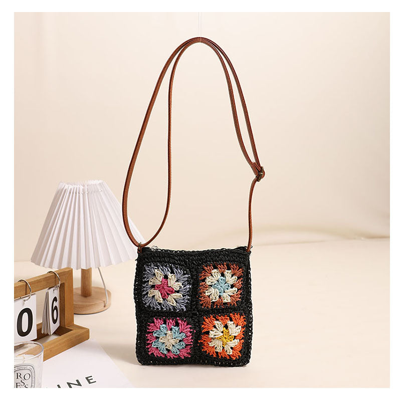 Hollow Out Cutout Floral Crossbody Straw Bag Retro Square Straw Bag Woven Bag Vacation Beach Bag All Match Shoulder Bag