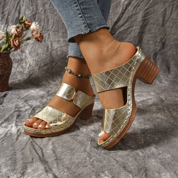 Open Toe High Heel Slippers Women Chunky Heel Embossed Sandals