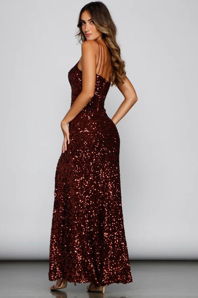 Sequined Sleeveless Slit Shoulder Belt Tight Party Dress
