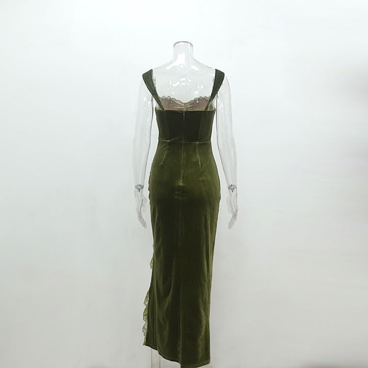 Spring Women Clothing Velvet Lace Sexy Dress High Slit High Waist Slim Strap Dress