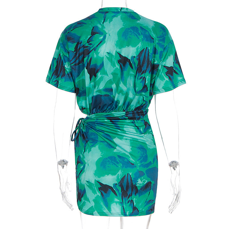 Summer Elegant Tie Dyed Pleated Slim Fit Sheath Dress Women Clothing