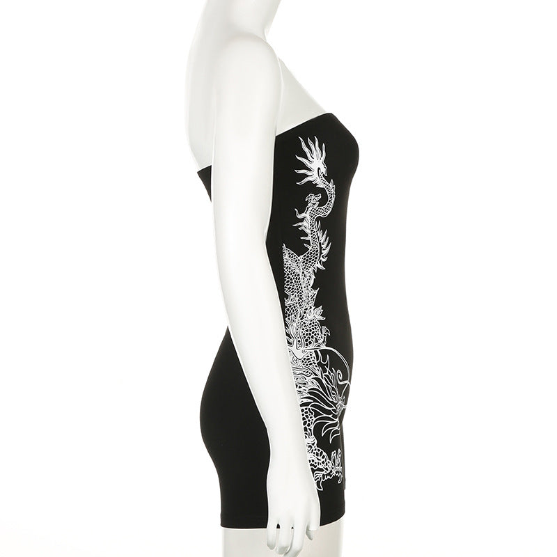 Dragon Print Tube Top Jumpsuit Skinny Sheath Sleeveless Chest Wrapped Sports Shorts