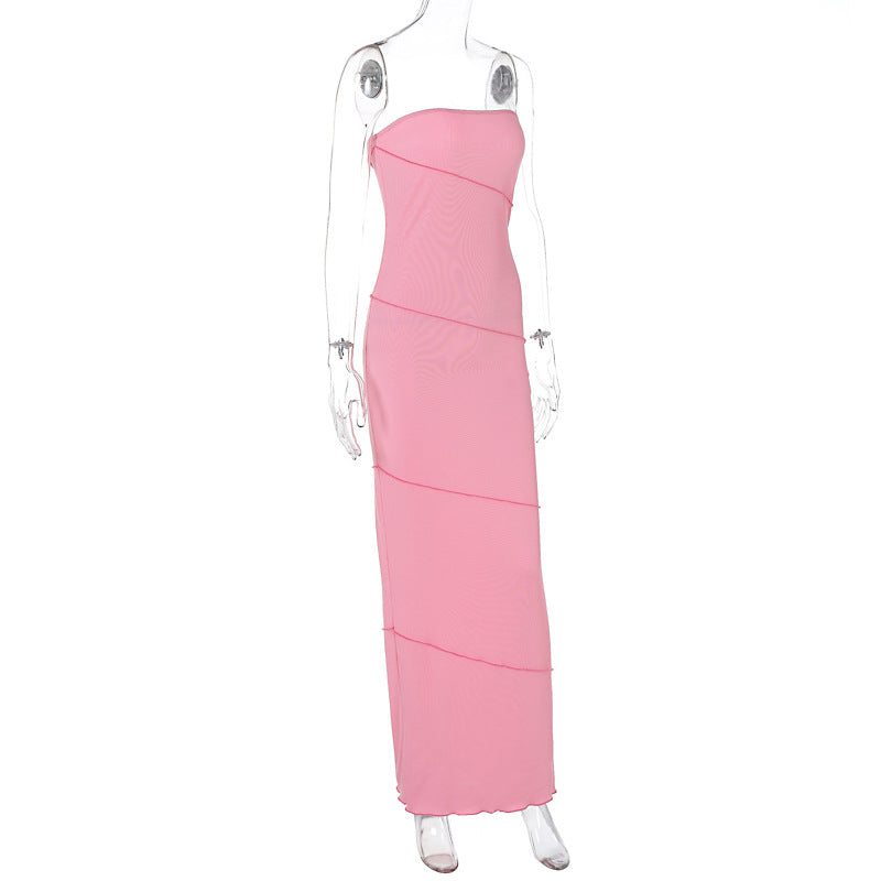 Women Clothing Summer Wrapped Chest Striped Solid Color Sunken Stripe Sleeveless Slim Fit Dress