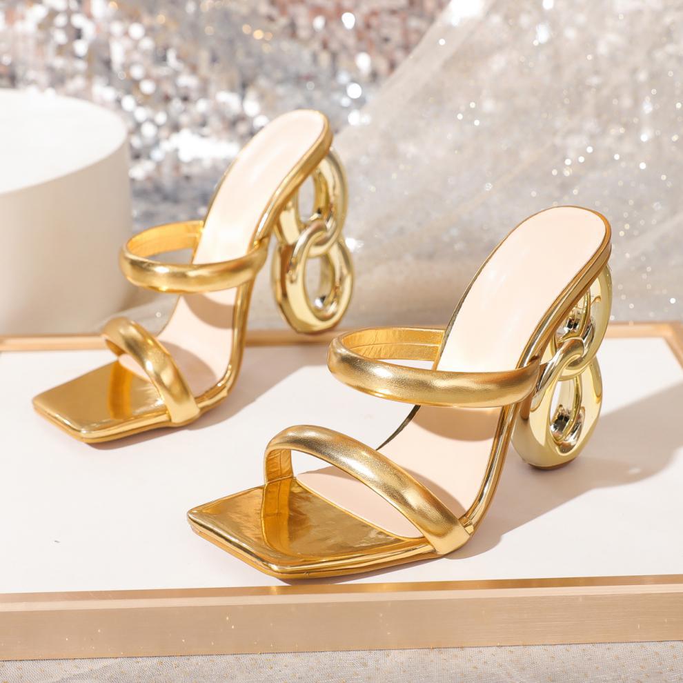 Golden Words with Profiled Heel Lace up High Heeled Sandals