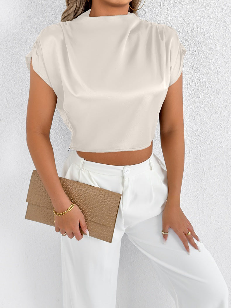 Real Shot Women Clothing High Sense Summer Satin Shirt Satin Shirt Short Sleeve Shirt