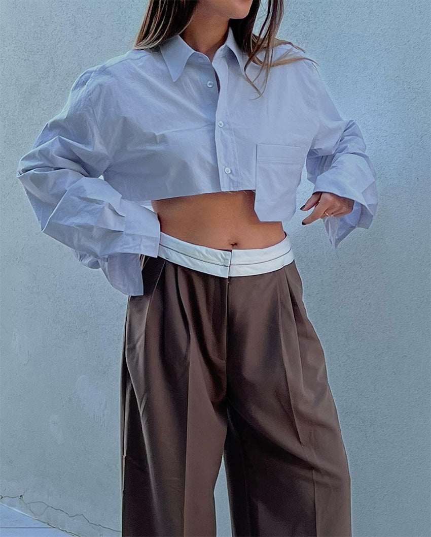 Autumn Cropped Asymmetric Stitching Casual Dignified Sense of Design Short Model in White Color Shirt Women Clothing