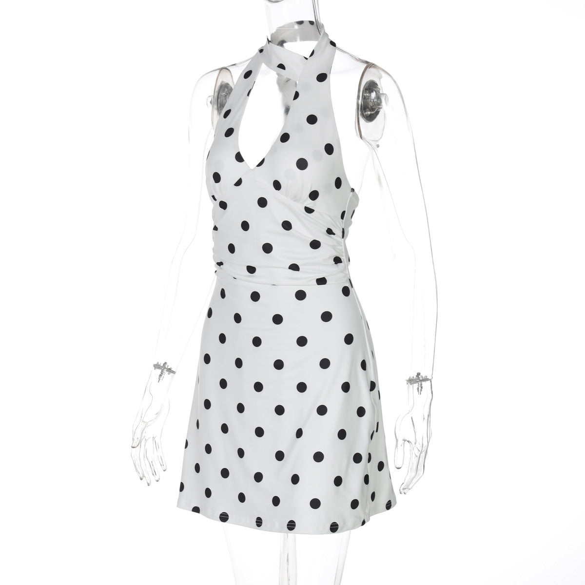 Women Clothing Summer Elegant Halter Ribbon Backless Print Polka Dot Dress Women
