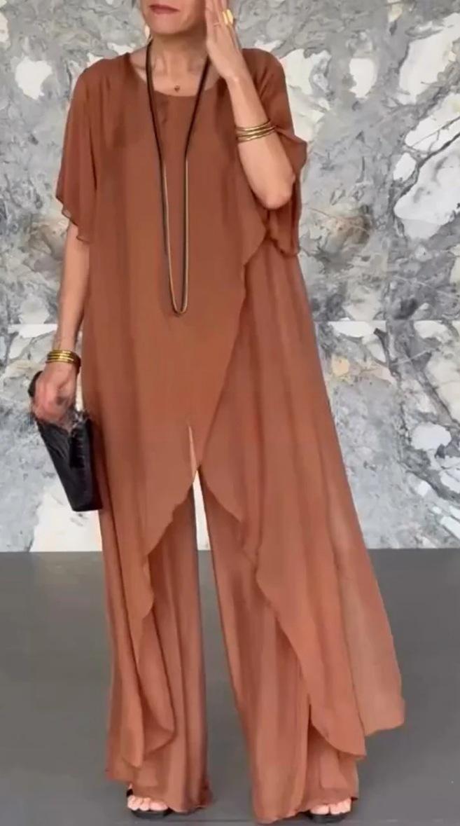 Independent Stand Color Long Irregular Asymmetric Top Loose Trousers Chiffon Two Piece Sets Women