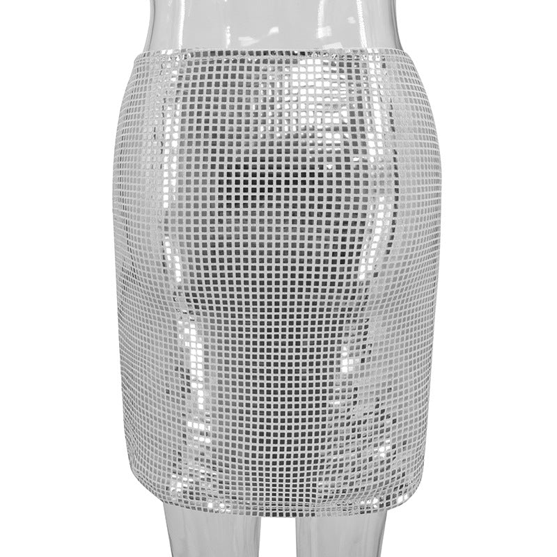 Spring Sexy Women Wear Solid Color Slim Mesh Sequined Hip Bag Skirt Women