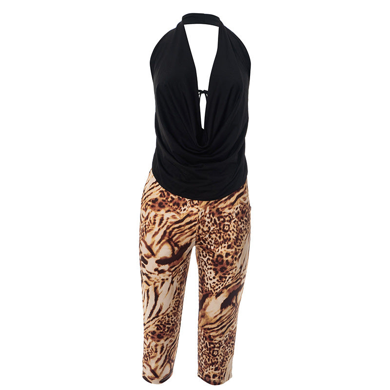 Women Spring Summer Halter Pile Collar Backless Lace up Floral Leopard Print Sets