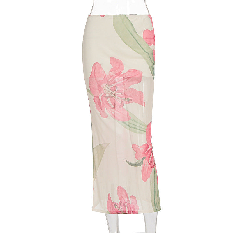 Summer Dopamine Beach Vacation Sexy Printed Mesh Sheath Skirt