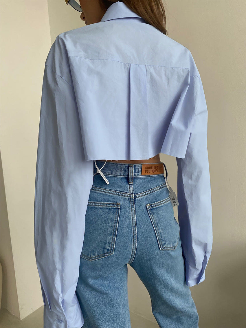 Autumn Cropped Asymmetric Stitching Casual Dignified Sense of Design Short Model in White Color Shirt Women Clothing