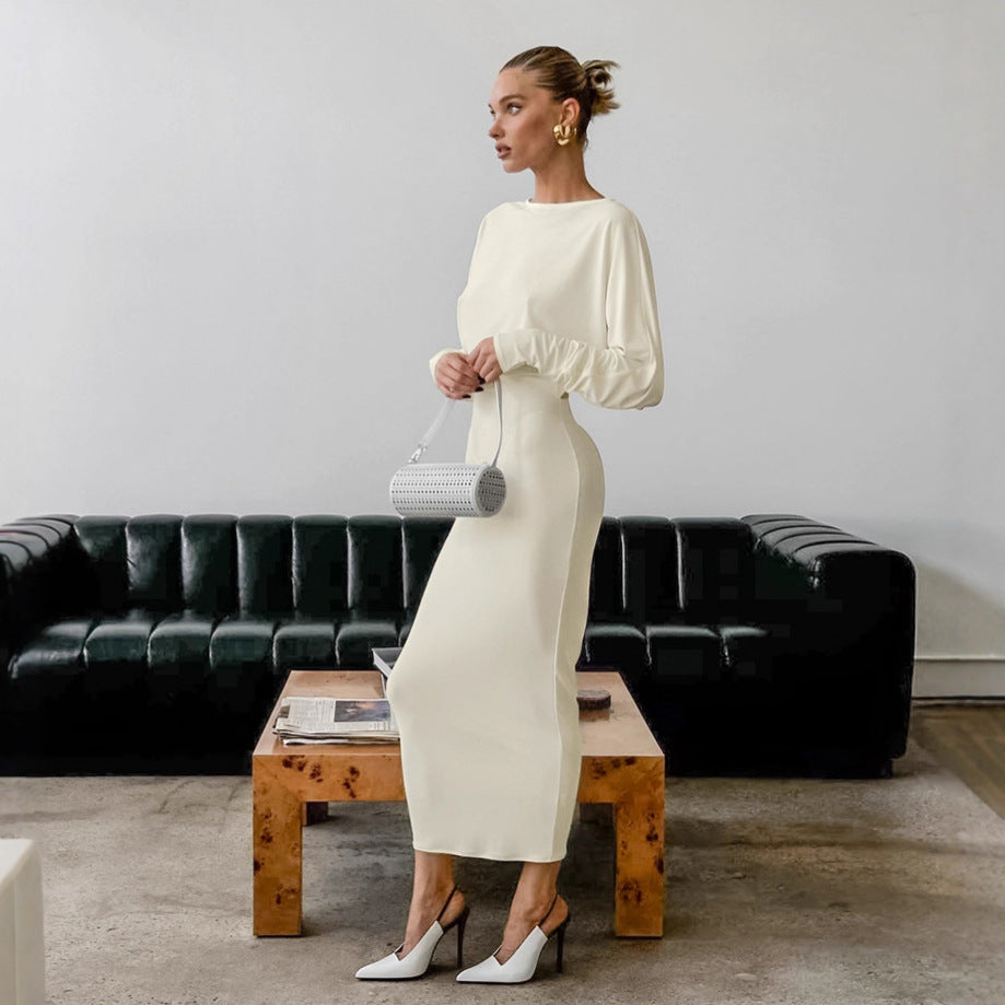 Design Backless Hollow Out Cutout out Dress Autumn Crew Neck Long Sleeve Gentle Simple Hip Dress