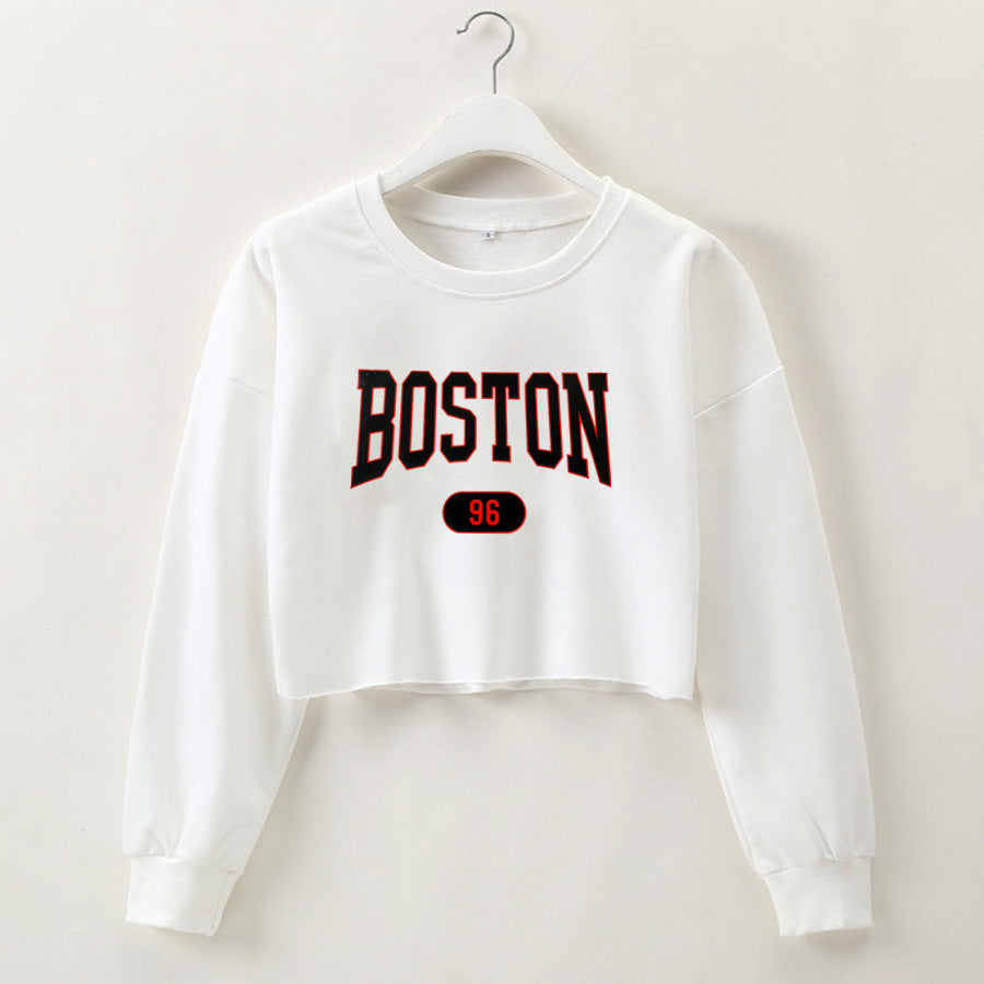 Women Clothing Autumn Winter Boston Letter Graphic Printing Cropped Long Sleeves Sweatshirt Women