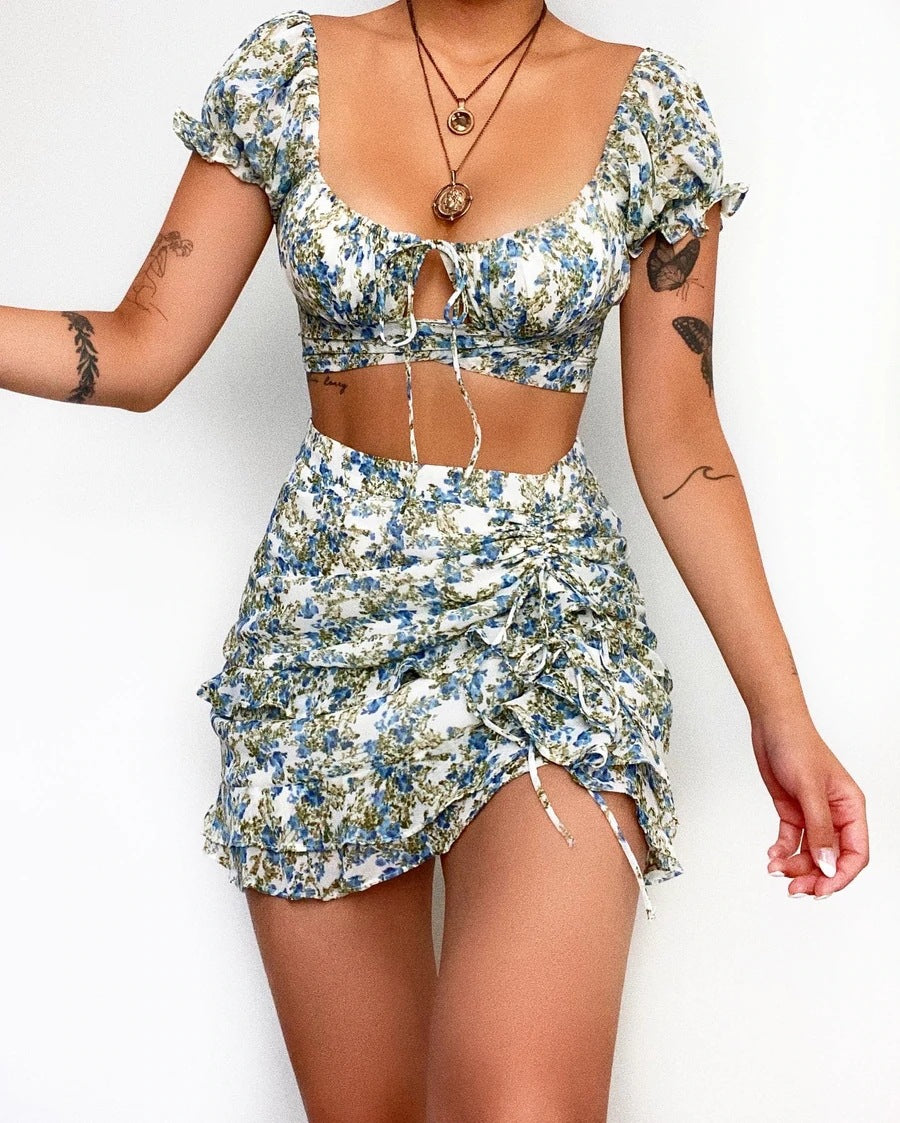 Spring Summer Floral Fresh Sweet U Neck Lace up Two Piece Sets Skirt