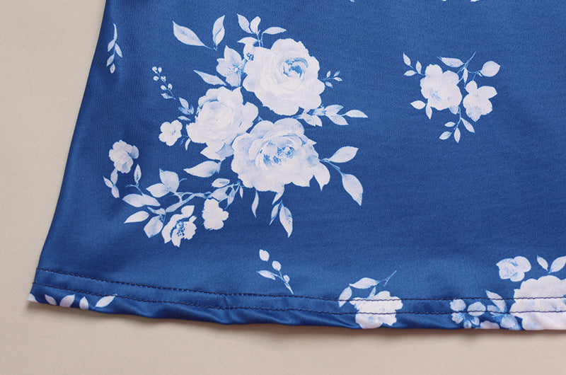 Floral Print Elegant V neck Summer Slim Fit Lightweight Thin Long Sleeve Dress Klein Blue Dress