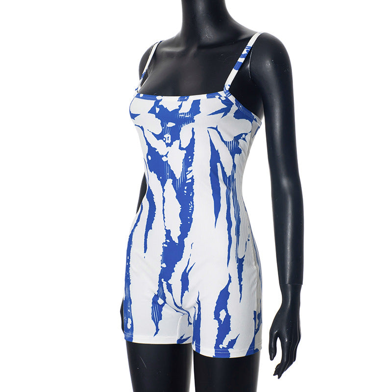 Women Clothing Summer Color Contrast Striped Sleeveless Strap Casual Sports Romper
