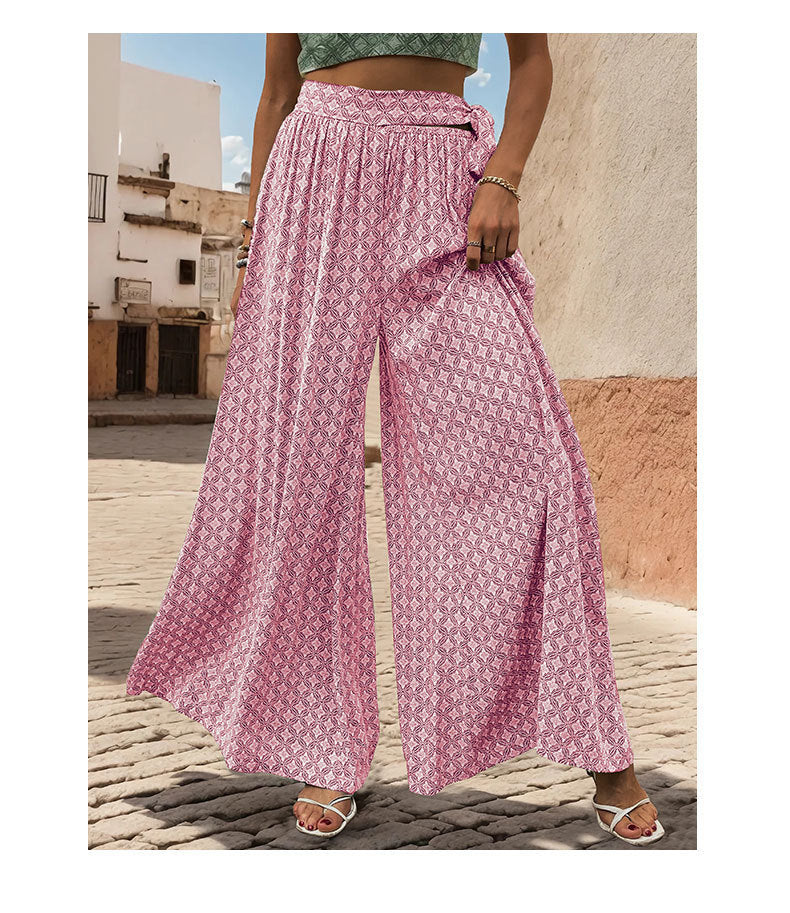 Summer Loose Wide Leg Pants Women Clothing Tied High Waist Casual Printed Trousers