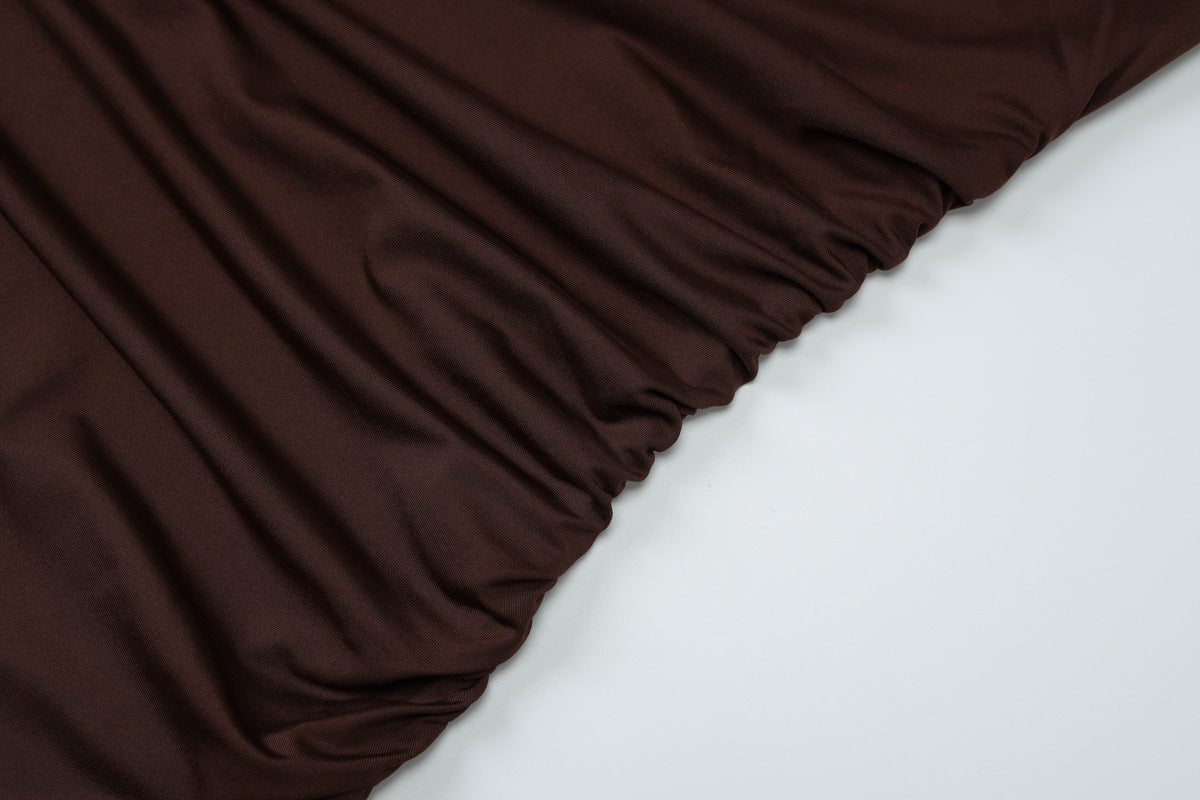 Women Clothing Summer Pleated Waist Tight Slimming Shoulder Hollow Out Cutout Sexy Solid Color Dress