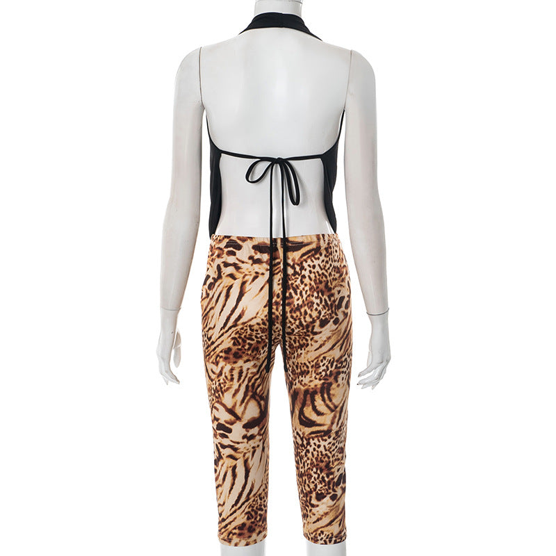 Women Spring Summer Halter Pile Collar Backless Lace up Floral Leopard Print Sets