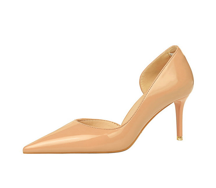 Simple Stiletto Heel Shiny Patent Leather Shallow Mouth Pointed Side Hollow Out Cutout High Heels Women Shoes