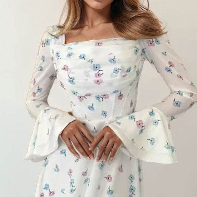 Summer Women Clothing Elegant Floral Pleated Fairy Fitted Waist Flare Sleeve Women Floating Dress
