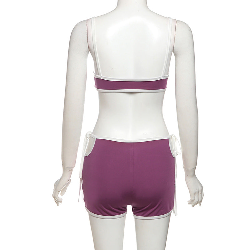 Spring Summer Women Sexy Contrast Color Camisole High Waist Lace up Base Shorts Casual Set