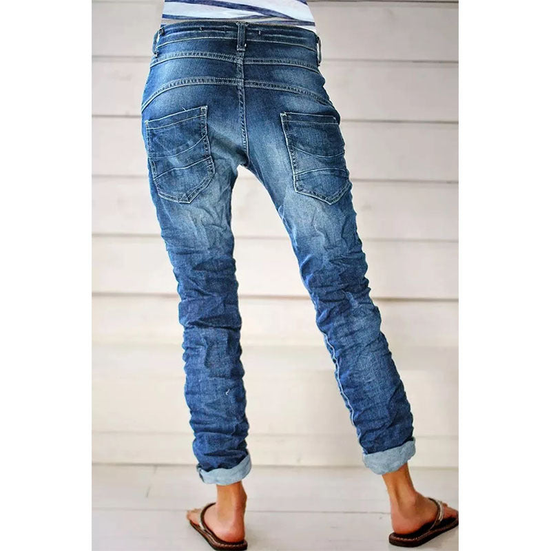 Ripped Denim Drawstring Elastic Waist Washed Women Casual Pants Tide