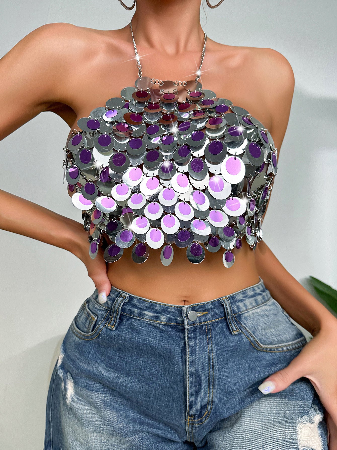 Summer Punk Sexy Color Matching Sequin Halter Spaghetti Straps Vest
