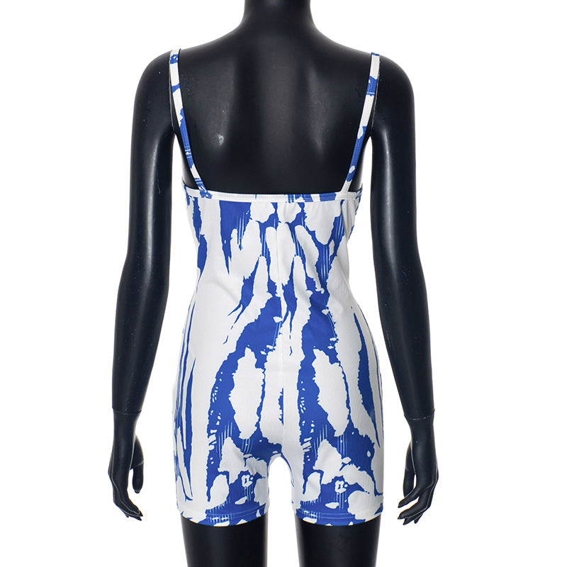 Women Clothing Summer Color Contrast Striped Sleeveless Strap Casual Sports Romper