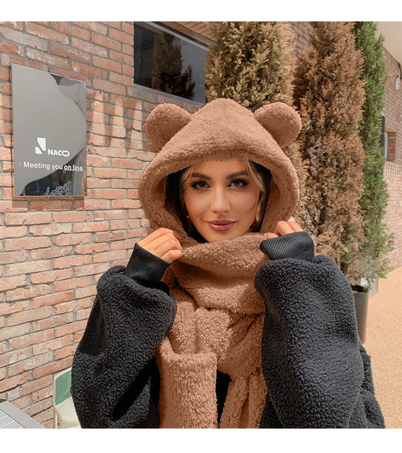 Scarf Hat Integrated Plush Belt Ear Hat Scarf Autumn Winter Warm