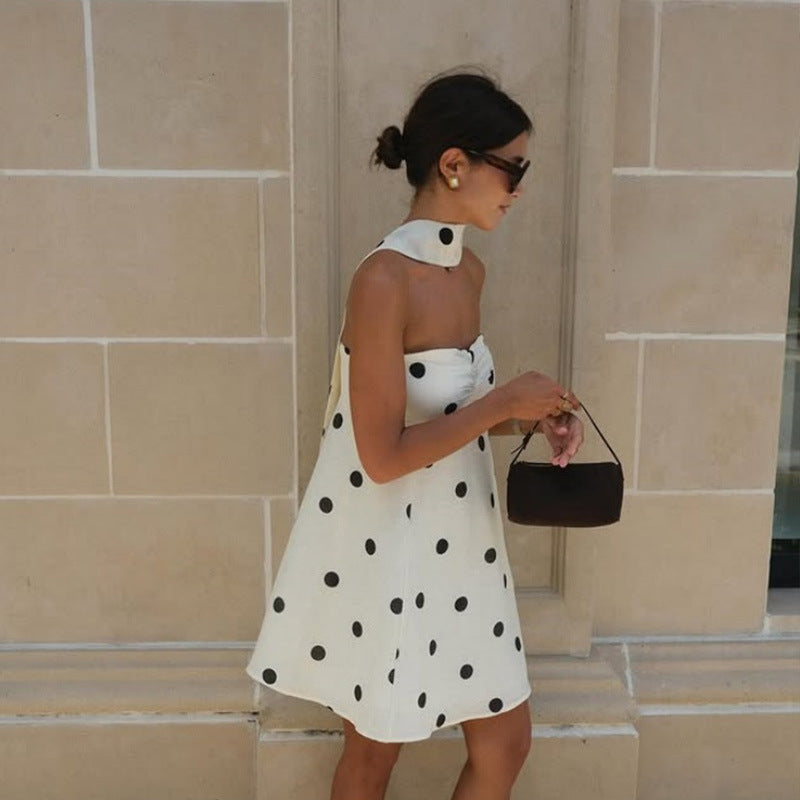 Elegant Expensive Tube Top Dress Loose Polka Dot Printed Short Dress with Scarf