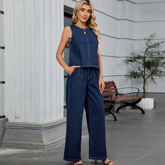 Women Clothing Autumn Washed Solid Color Denim Top Work Pant Sets