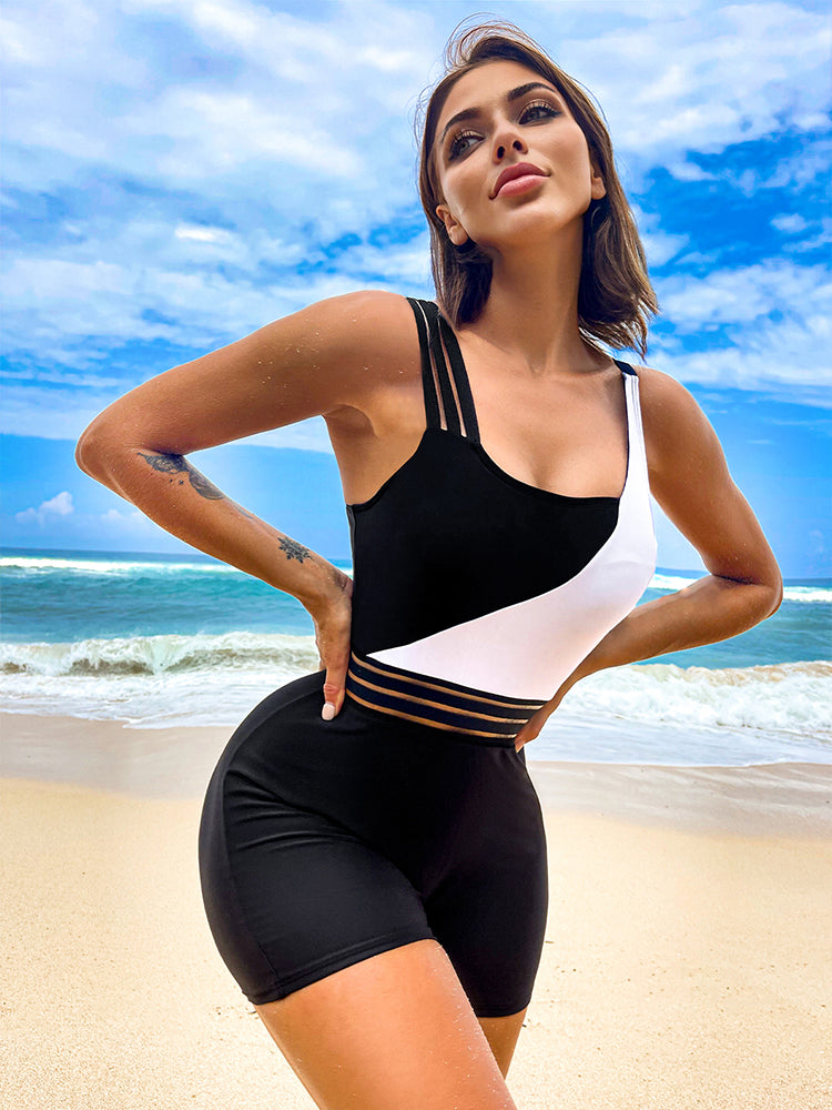 Push Up One Piece Swimsuit Women Patchwork Monokini Bathing Suits Swimwear