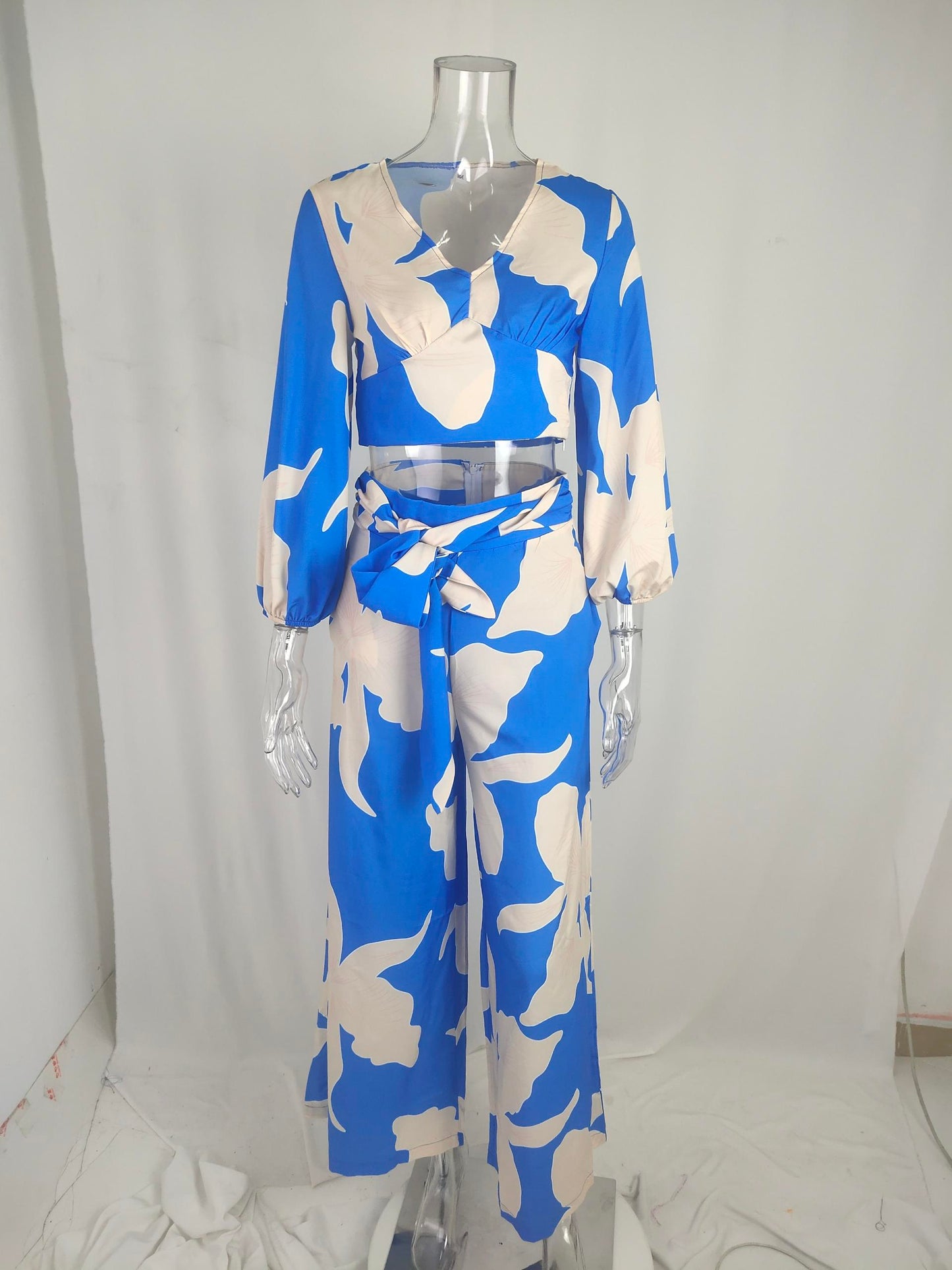 Women Clothing Autumn Winter V neck Lantern Sleeve Short Top High Waist Wide Leg Pants Casual Set