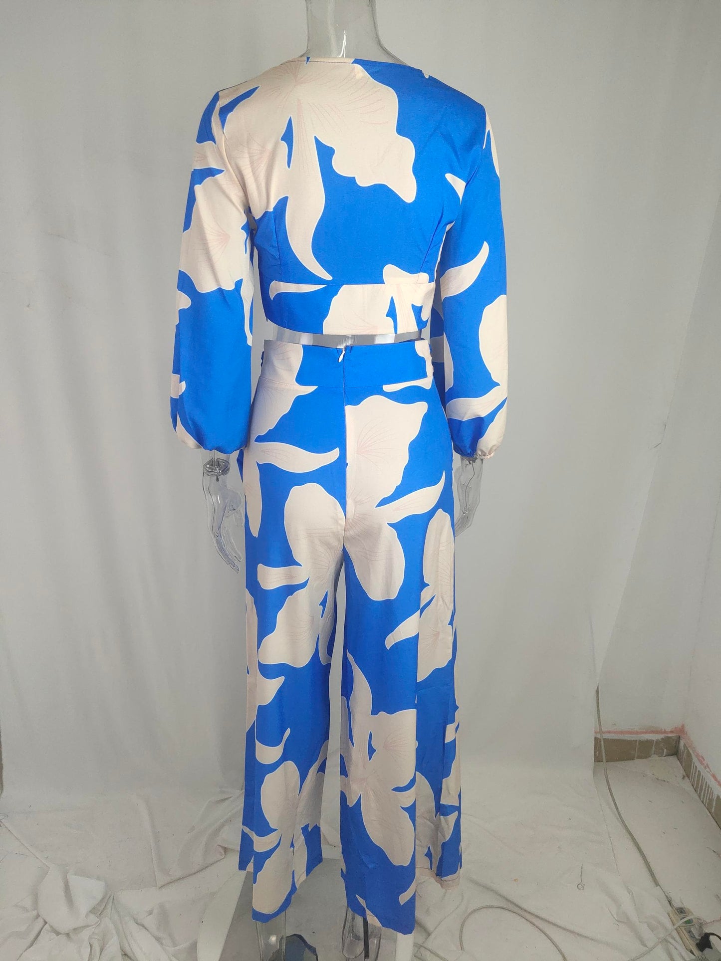 Women Clothing Autumn Winter V neck Lantern Sleeve Short Top High Waist Wide Leg Pants Casual Set