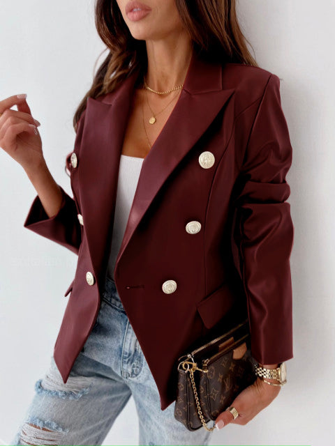 New Long Sleeve Double Breasted Fashionable Faux Leather Jacket