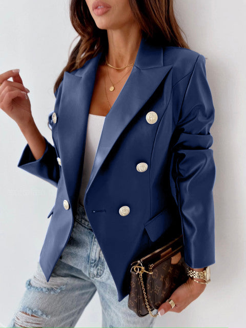 New Long Sleeve Double Breasted Fashionable Faux Leather Jacket