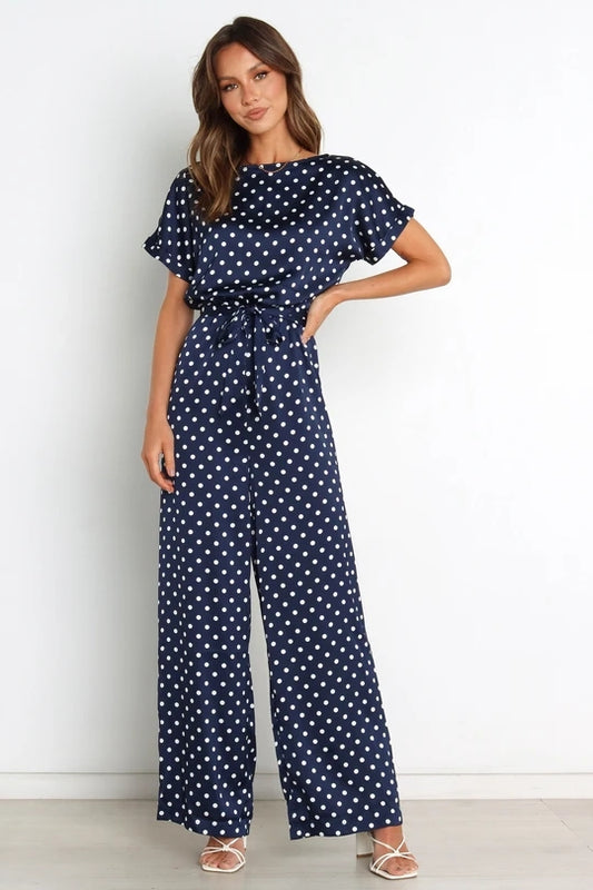 Women Elegant Short Sleeve Polka Dot Regular Jumpsuits
