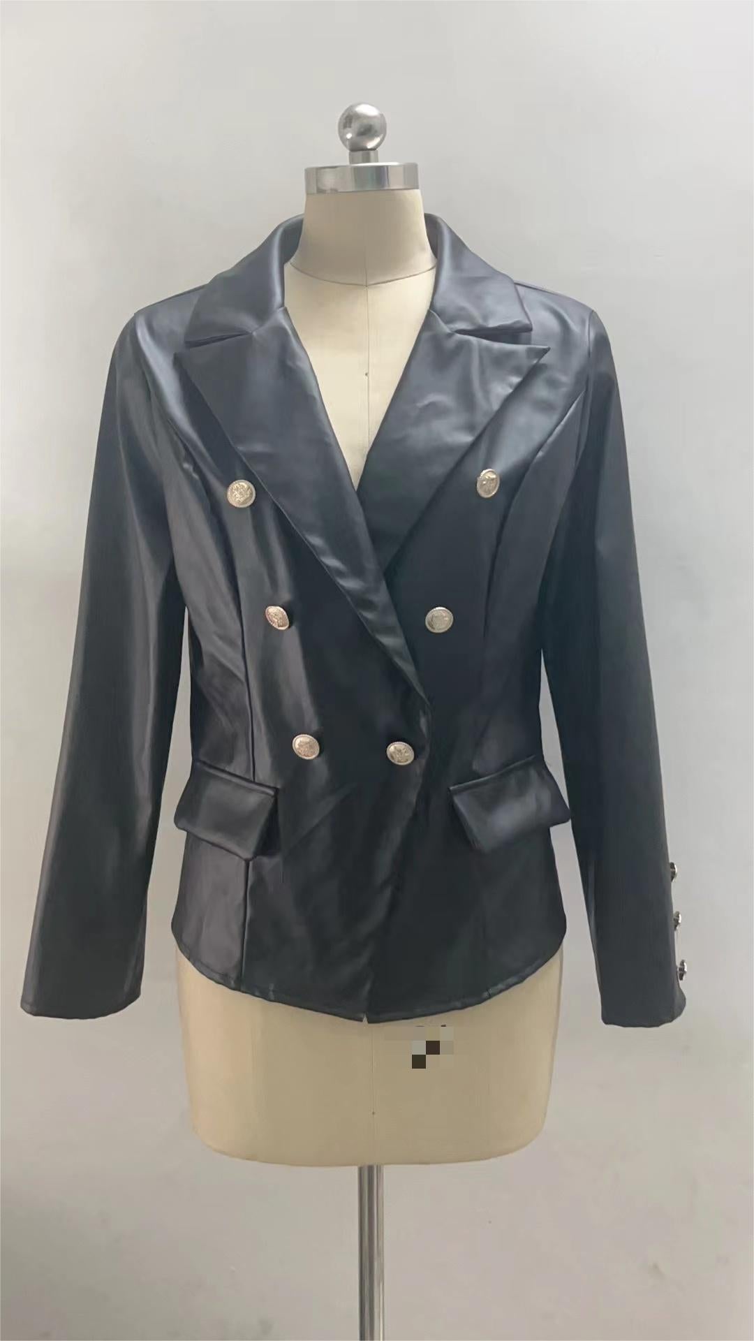 New Long Sleeve Double Breasted Fashionable Faux Leather Jacket