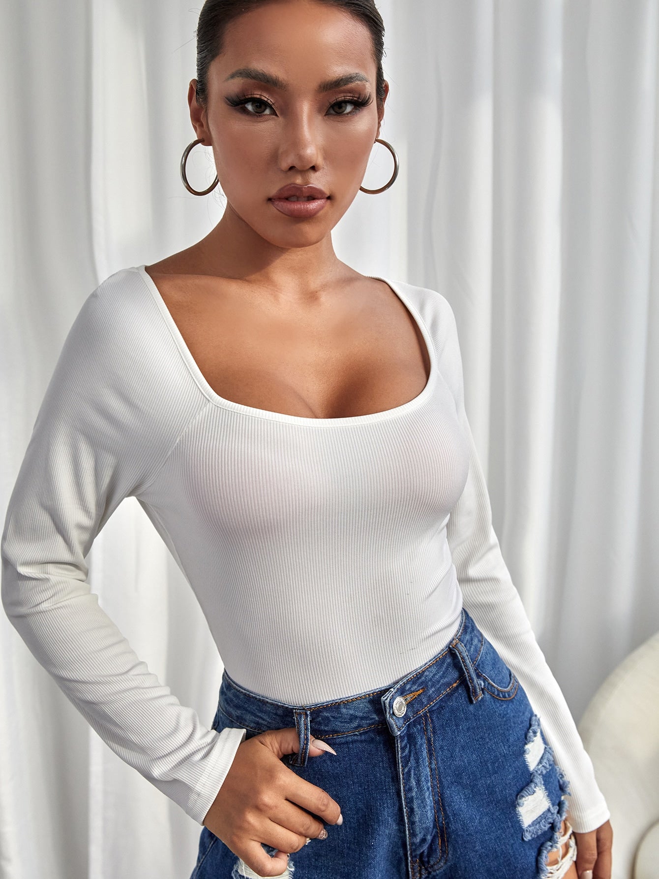 New Sexy Long Sleeve Square Neck Tight Slim Pullover Knit Top Women