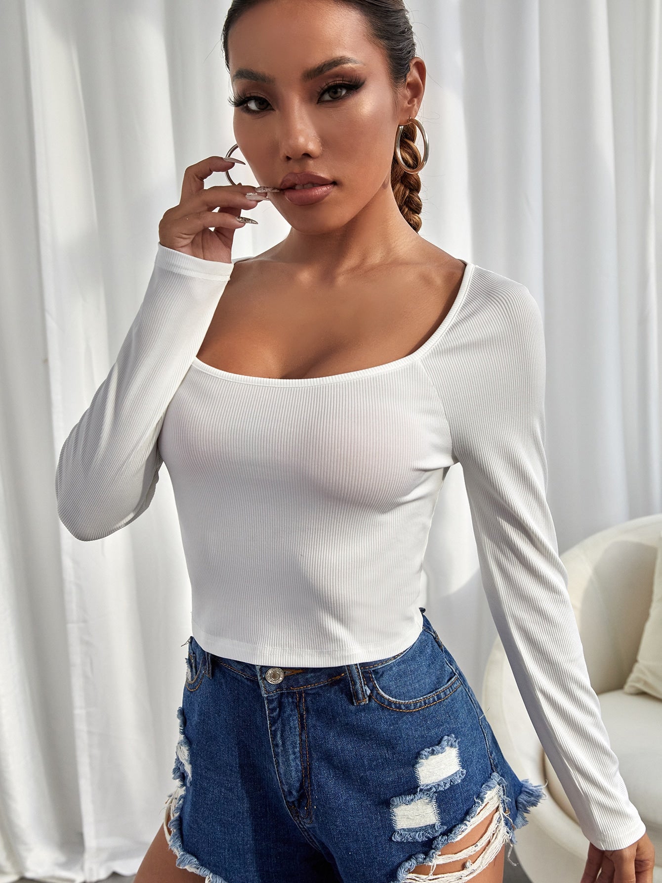 New Sexy Long Sleeve Square Neck Tight Slim Pullover Knit Top Women