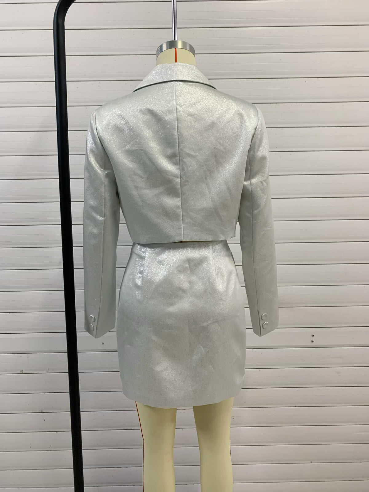 Autumn Winter Glossy Short Blazer Glossy Mini Skirt Mid Length Skirt Set