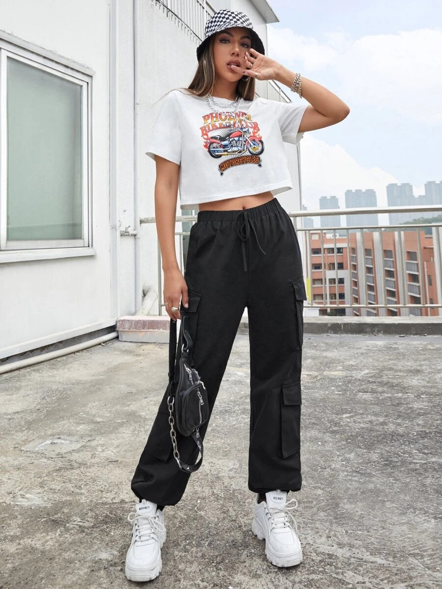 High Street Hip Hop Women Pants Trendy Trousers Multi Pocket Street Overalls Loose Straight Leg Ankle Banded Pants