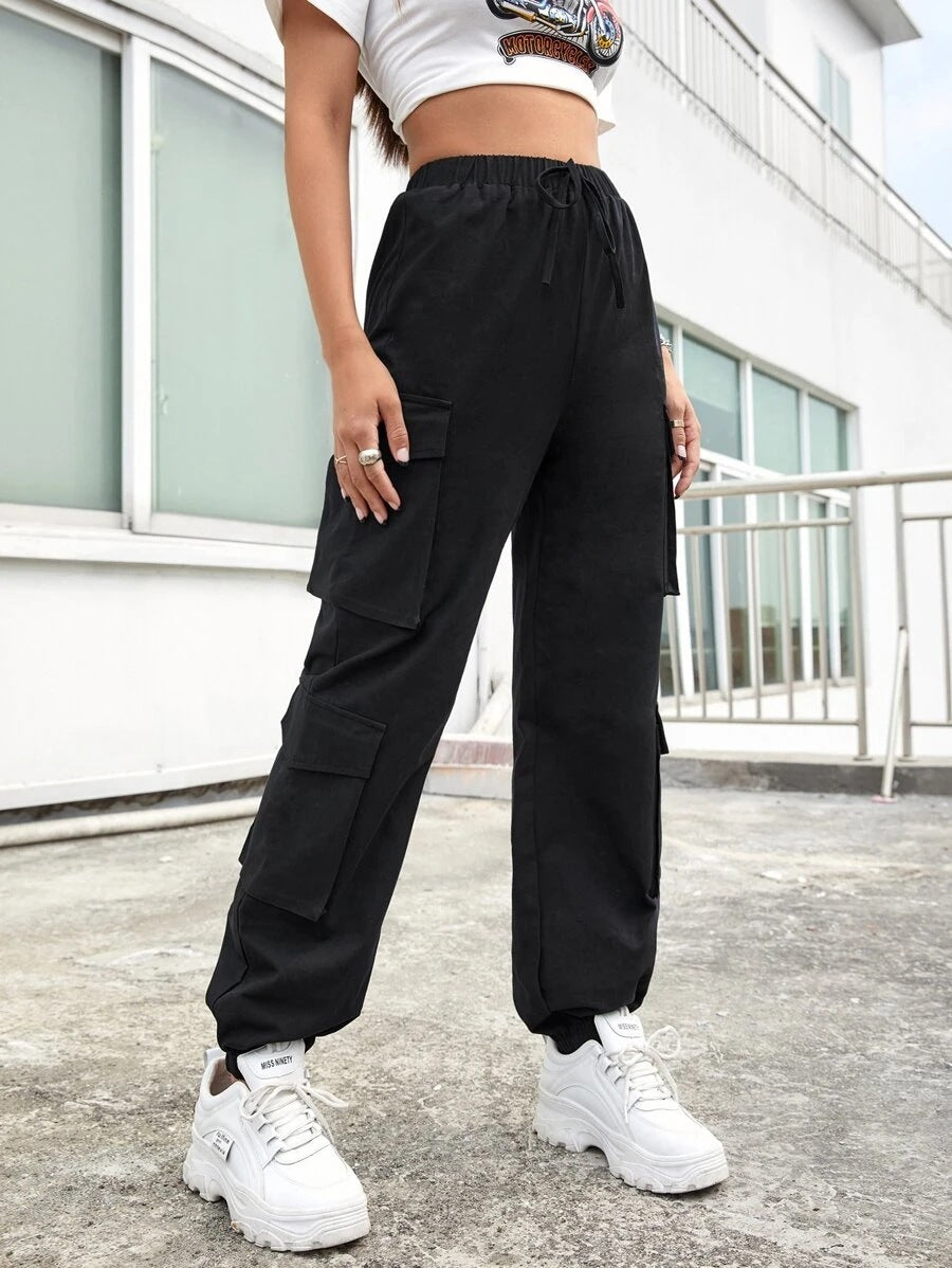 High Street Hip Hop Women Pants Trendy Trousers Multi Pocket Street Overalls Loose Straight Leg Ankle Banded Pants