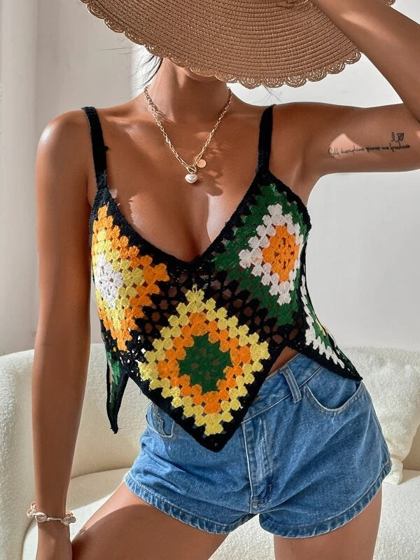 Women Summer Vacation Geometric V Neck Crochet Camis Crochet hook