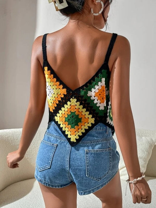 Women Summer Vacation Geometric V Neck Crochet Camis Crochet hook