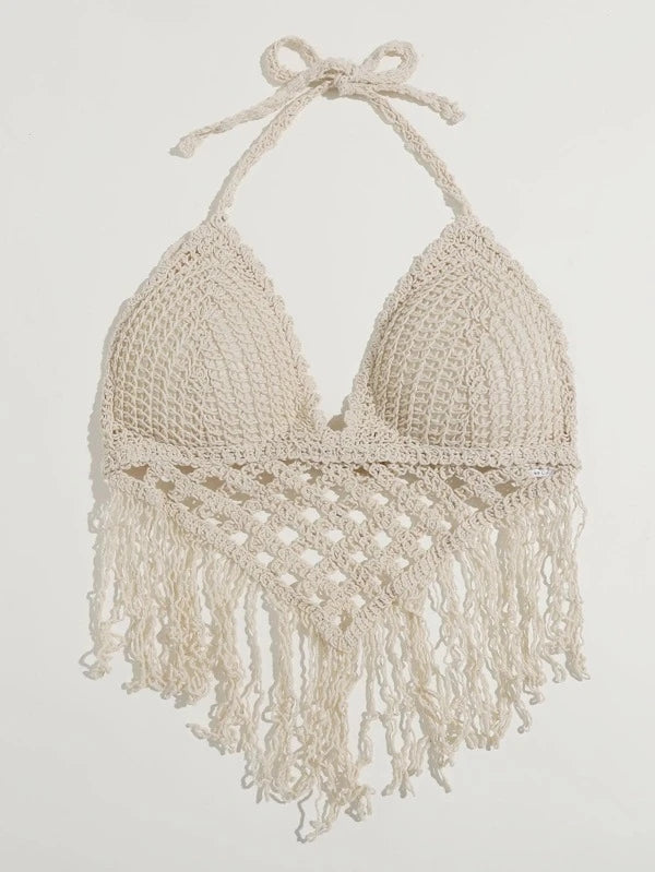 Women Summer Vacation Solid Crochet Fringe Sexy Halter Top Crochet hook