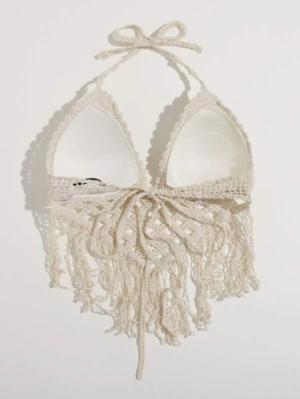 Women Summer Vacation Solid Crochet Fringe Sexy Halter Top Crochet hook