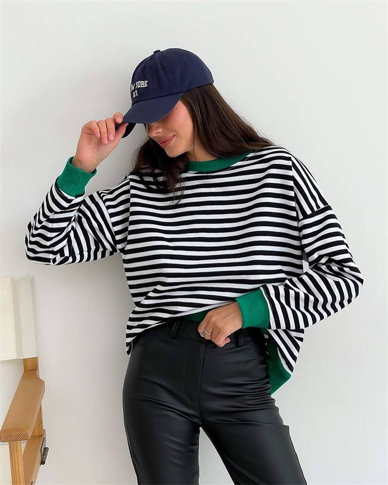 Simple Striped Color Contrast Long Sleeve T shirt Women Street Trendy Clothes Loose Fitting Casual round Neck Top Thin Sweatshirt